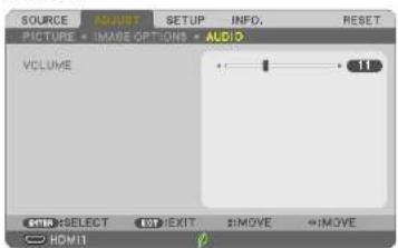 SOURCE INPUT SETUP INFO. RESET PICTURE IMAGE OPTIONS AUDIO VOLUME 11 ENTER SELECT VOUT REVEGET #MOVE #MOVE HDMI11