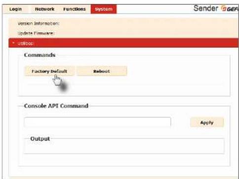 Login Network Functions System Sender Version Information: Update Firmware: Commands Factory Default Reboot Console APT Command Apply Output
