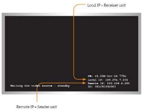Local IP = Receiver unit Waiting for video source - standby Remote IP = Sender unit FM: v1.53m out-24 779c Local IP: 169.254.7.231 Remote IP: 169.254.6.250 ID: 001091030063