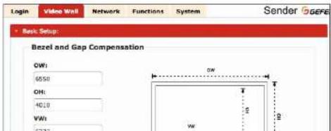 Login Video Wall Network Functions System Sender GGEFE - Basic Setup: Bezel and Gap Compensation OW: 6550 OH: 40.0 VW: 2000 0W T 10 12 W