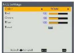 RGB settings Color White Red 100 Green 100 Blue 100 Red Select After Exit OK Cancel Help