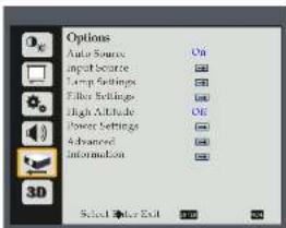 Options Auto Source On Input settings Temp Settings Filter Settings High Altitude Off Power Settings Advanced Information 3D Select Offset End