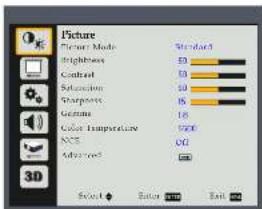 Picture Picture Mode Standard Brightness ED Contrast ED Sensitivity SD Charges IS Gamma LS Color Temperature RGB NCE CG Advanced Select Color Entry Exit