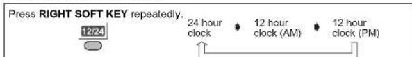 Press RIGHT SOFT KEY repeatedly. 12/24 24 hour clock 12 hour clock (AM) 12 hour clock (PM)