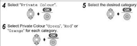 4 Select "Private Colour". OK 5 Select the desired category. OK 6 Select Private Colour "Green", "Red" or "Orange" for each category.