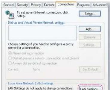 General Security Privacy Content Connections Programs Advanced To set up an Internet connection, click Setup. Setup... Disk-up and Virtual Private Network settings Add Remove Choose Settings if you need to configure a proxy server for a connection. ● Never dial a connection ○ Dial whenever a network connection is not present ○ Always dial my default connection Current: none Set Default Local Area Network (LAN) settings LAN Settings do not apply to dial-up connections. LAN Settings