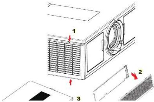 Technical diagram of a ventilation system with labeled components and directional arrows indicating airflow or movement.