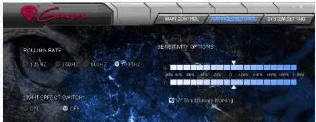 Main CONTROL ADVANCED SETTINGS SYSTEM SETTING POLLING RATE 120HZ 750HZ 900HZ 1000HZ SENSITIVITY OPTIONS LIGHT EFFECT SWITCH: ON OFF My Synchronous Working