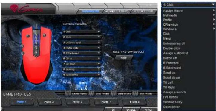 Game PROFILES Profile 1 Profile 2 Profile 3 Profile 4 Profile 5 OK CANCEL APPLY BUTTON ASSESSMENT Click Menu Universal scroll Double-click Assign a shortcut Button off IE Forward IE Backward Scroll up Scroll down Till Left Till Right Assign a launch Fire button Windows key Open driver RESET FACTORY DISALLT Read Create Profile Load Profile Save Profile Exit Profile Click Assign Macro Multimedia Profile CPI switch Windows Click Menu Universal scroll Double-click Assign a shortcut Button off IE Forward IE Backward Scroll up Scroll down Till Left Till Right