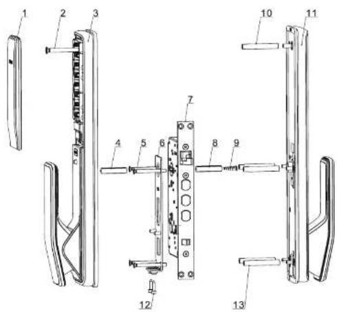 Technical diagram of a door lock assembly with numbered components for identification