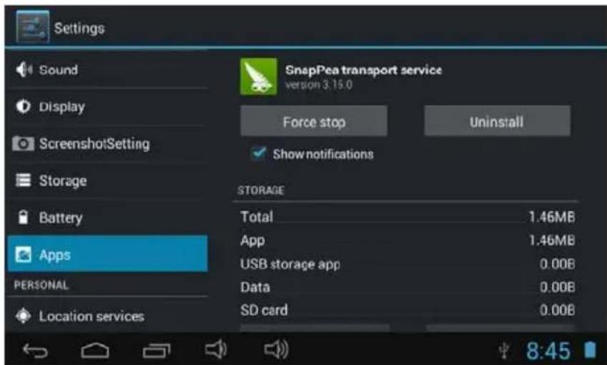 Settings Sound Display ScreenshotSetting Storage Battery Apps PERSONAL Location services SnapPea transport service version 3.15.0 Force stop Uninstall Show notifications STORAGE Total 1.46MB App 1.46MB USB storage app 0.00B Data 0.00B SD card 0.00B 8:45