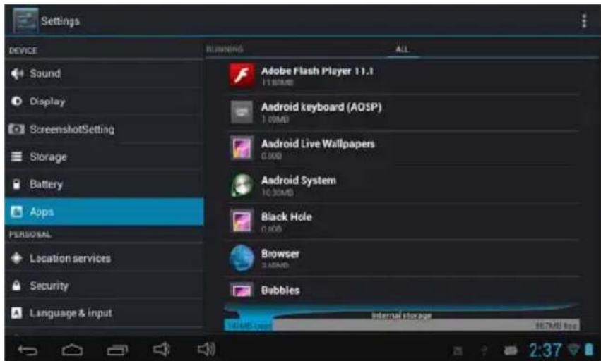 Settings DEVICE Sound Display ScreenshotSetting Storage Battery Apps PERSONAL Location services Security Language & input BUNNING ALL Adobe Flash Player 11.1 11:00 AM Android keyboard (AOSP) 1.00 MB Android Live Wallpapers 0.000 Android System 10:30 AM Black Hole 0.005 Browser 2.00 AM Bubbles Internal storage 6:37/8:40:40