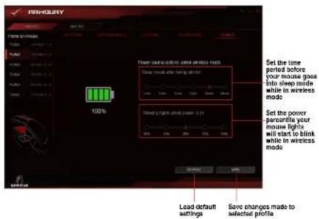 NEWLARY Power using all the other wireless mode. Power usage after being taken off: 100% Sleeping lights which power is off: Load default settings Save changes made to selected profile Set the time period before your mouse goes into sleep mode while in wireless mode Set the power personally your mouse lights will start to blink while in wireless mode