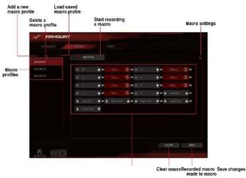 Add a new macro profile Delete a macro profile Load fixed macro profile Start recording a macro Macro settings File-FLORY Macro profiles Macro settings Clear macroRecorded macro Save changes mode to macro