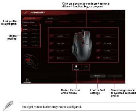 Procurant Click on a button to configure / assign a different function, key, or program. Link profile to a program Mouse profiles Switch the view of the mouse Load default settings Save changes made to selected keyboard profile The right mouse button may not be configured.