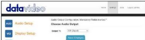 datavideo Audio Setup Audio Output Configuration, Mandatory Fields marked * Choose Audio Output Output TO 100 (Digital) Display Setup Save Changes