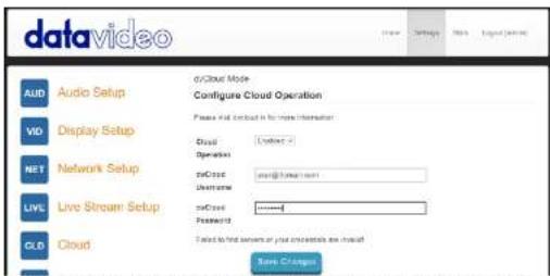 datavideo AUD Audio Setup 6/Cloud Mode VIO Configure Cloud Operation Display Setup Please Find Context in No more information Cloud Operator Network Setup on Cloud Description Live Stream Setup on Cloud Access Cloud Cloud Cancel to find server or plus create a new system Show Change