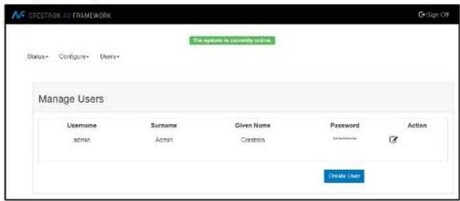 CREATION AV FRAMEWORK The system is currently online. Status+ Configure+ Users+ Manage Users Username Surname Given Name Password Action admin Admin Crestron CancelUser Create User