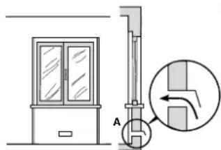 Technical diagram showing a door mechanism with labeled components and an inset view of a valve mechanism.