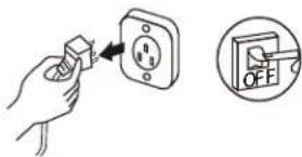 Diagram showing hand holding electrical socket connected to a wall-mounted power outlet, with an inset showing OFF button