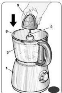 Diagram of a blender with labeled parts, showing a hand holding a spoon above the lid and pointing to the lid.