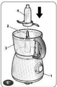 Technical diagram of a blender with numbered parts and an arrow indicating downward motion