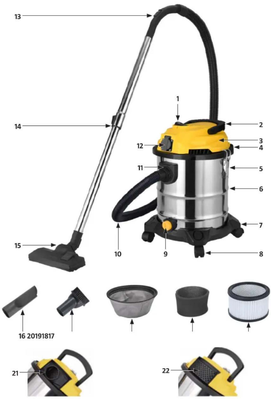 Labeled diagram of a vacuum cleaner with numbered parts and exploded view details
