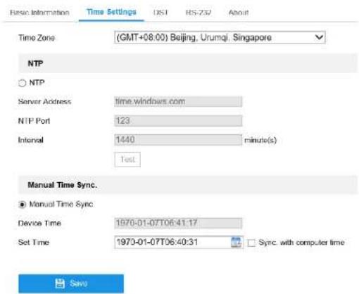 Basic Information Time Settings UST RS-232 About Time Zone (GMT+08:00) Beijing, Urumqi, Singapore NTP ○ NTP Server Address time.windows.com NTP Port 123 Interval 1440 minute(s) Test Manual Time Sync. ● Manual Time Sync Device Time 1970-01-07T06:41:17 Set Time 1970-01-07T06:40:31 Sync. with computer time Save