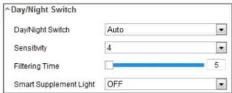 Day/Night Switch Day/Night Switch Auto Sensitivity 4 Filtering Time 5 Smart Supplement Light OFF