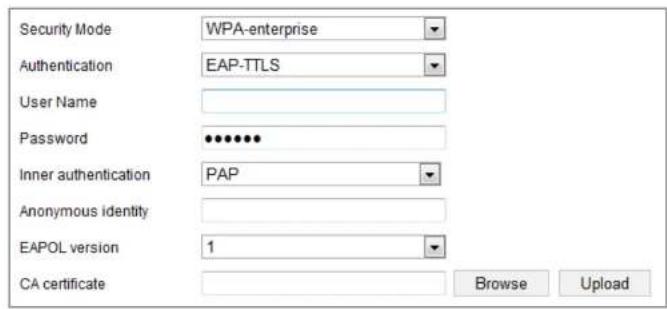 Security Mode WPA-enterprise Authentication EAP-TTLS User Name Password Inner authentication PAP Anonymous identity EAPOL version 1 CA certificate Browse Upload