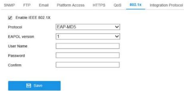 SNMP FTP Email Platform Access HTTPS QoS 802.1x Integration Protocol Enable IEEE 802.1X Protocol EAP-MD5 EAPOL version 1 User Name Password Confirm Save