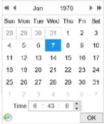 Jan 1970 Sun Mon Tue Wed Thu Fri Sat 28 29 30 31 1 2 3 4 5 6 7 8 9 10 11 12 13 14 15 16 17 18 19 20 21 22 23 24 25 26 27 28 29 30 31 1 2 3 4 5 6 7 Time 6:43 8 OK