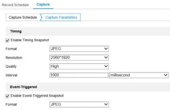 Record Schedule Capture Capture Schedule Capture Parameters Timing Enable Timing Snapshot Format JPEG Resolution 2560*1920 Quality High Interval 1000 millisecond Event-Triggered Enable Event-Triggered Snapshot Format JPEG