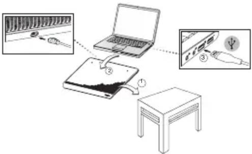 Diagram illustrating a device setup with labeled components including a laptop, screen, and switch, showing connections to a table.
