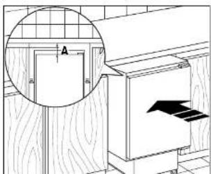 Technical diagram showing a door opening with labeled dimensions and an arrow indicating direction or force, alongside a magnified inset view.