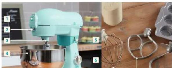 Close-up of a kitchen mixer and a baking pan with a whisk, no visible text or symbols