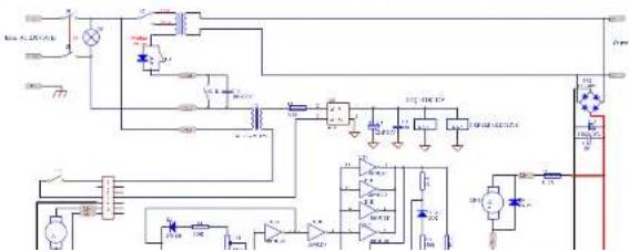 Electrical schematic diagram with labeled components and connections, including switches, relays, and meters