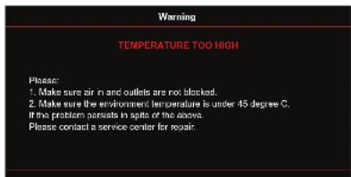 Warning TEMPERATURE TOO HIGH Please: 1. Make sure air in and outlets are not blocked. 2. Make sure the environment temperature is under 45 degree C. 3. If the problem persists in spite of the absence. Please contact a service center for repair.