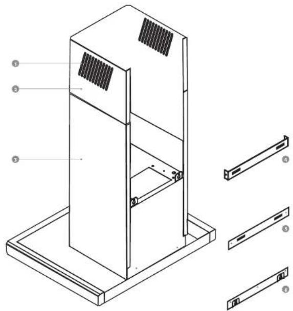 Technical diagram of a server rack with labeled components and exploded view