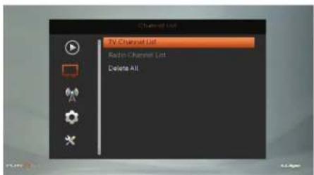 Channel List TV Channel List Radio Channel List Delete All