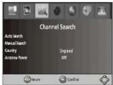Channel Search Auto Search Manual Search Country England Antenna Power Off