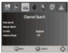 Channel Search Auto Search Manual Search Country Antenna Power England Off Return Comfort