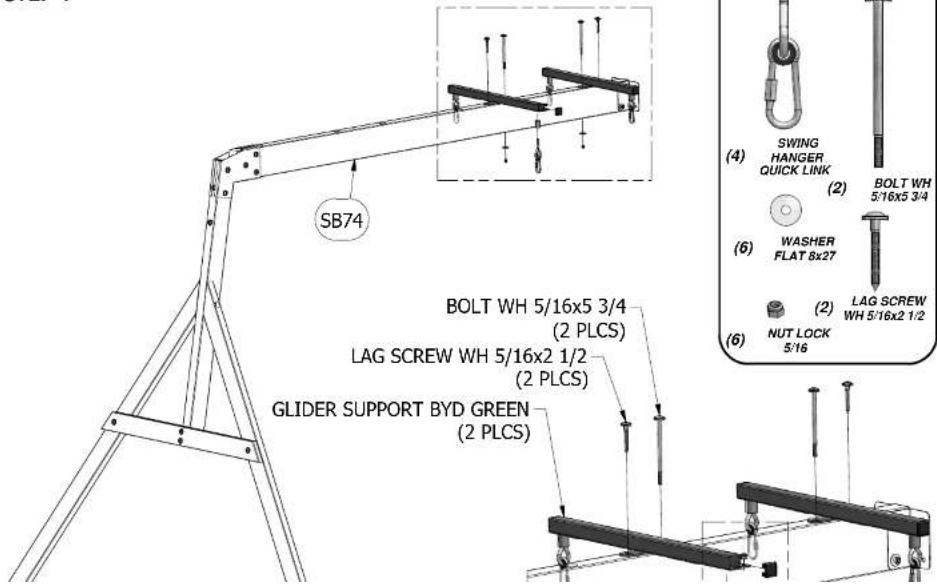 SB74 BOLT WH 5/16x5 3/4 (2 PLCS) LAG SCREW WH 5/16x2 1/2 (2 PLCS) GLIDER SUPPORT BYD GREEN (2 PLCS) SWING HANGER QUICK LINK (4) BOLT WH 5/16x5 3/4 (2) WASHER FLAT 8x27 (6) LAG SCREW WH 5/16x2 1/2 (2) NUT LOCK 5/16