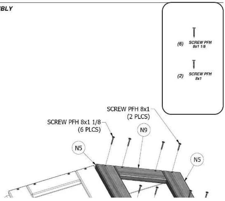 BLY (6) SCREW PFH 8x1 1/8 (2) SCREW PFH 8x1 SCREW PFH 8x1 (2 PLCS) SCREW PFH 8x1 1/8 (6 PLCS) N9 N5 N5