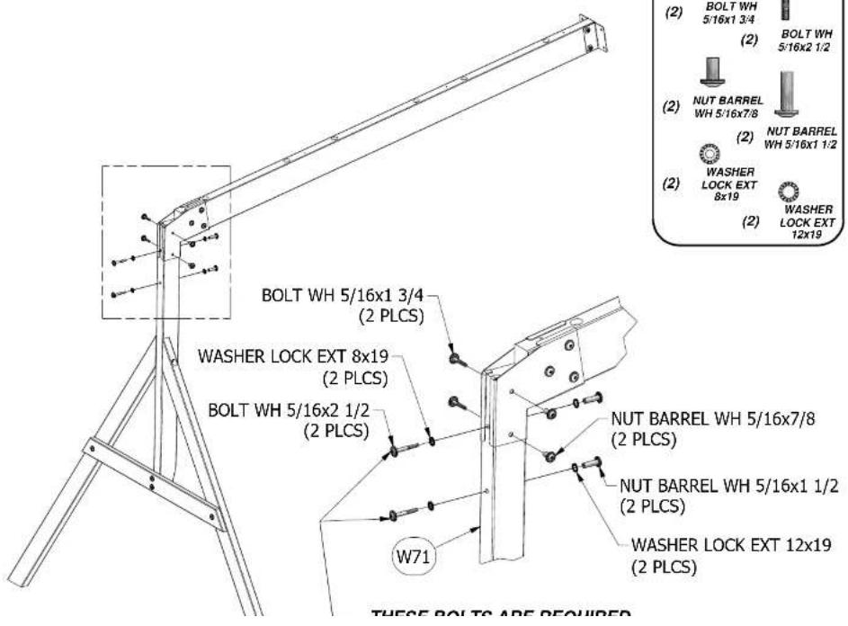 BOLT WH 5/16x1 3/4 (2) BOLT WH 5/16x1 3/4 (2) BOLT WH 5/16x2 1/2 (2) NUT BARREL WH 5/16x7/8 (2) NUT BARREL WH 5/16x1 1/2 (2) WASHER LOCK EXT 8x19 (2) WASHER LOCK EXT 12x19 BOLT WH 5/16x1 3/4 (2 PLCS) WASHER LOCK EXT 8x19 (2 PLCS) BOLT WH 5/16x2 1/2 (2 PLCS) NUT BARREL WH 5/16x7/8 (2 PLCS) NUT BARREL WH 5/16x1 1/2 (2 PLCS) W71 WASHER LOCK EXT 12x19 (2 PLCS) THESE BOLT TO ARE REQUIRED