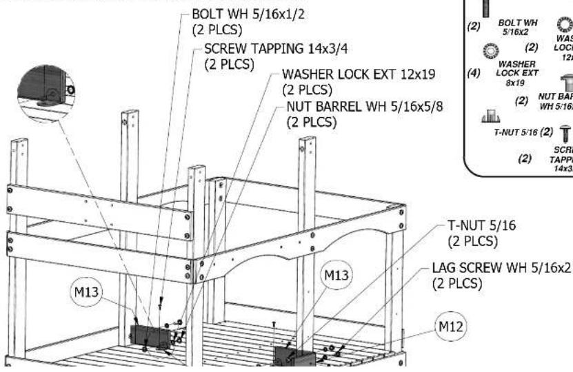 BOLT WH 5/16x1/2 (2 PLCS) SCREW TAPPING 14x3/4 (2 PLCS) WASHER LOCK EXT 12x19 (2 PLCS) NUT BARREL WH 5/16x5/8 (2 PLCS) T-NUT 5/16 (2 PLCS) SCRIB TAPPI 14x3/4 M13 M13 LAG SCREW WH 5/16x2 (2 PLCS) M12 (2) BOLT WH 5/16x2 (2) WASER LOCK EXT 8x19 (4) WASHER LOCK EXT (2) NUT BAR WH 5/16x (2) SCRIB