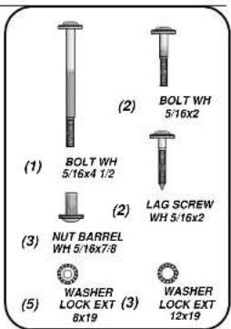 (1) BOLT WH 5/16x4 1/2 (2) BOLT WH 5/16x2 (3) LAG SCREW WH 5/16x2 (NUT BARREL WH 5/16x7/8) (5) WASHER LOCK EXT (3) 8x19 WASHER LOCK EXT 12x19