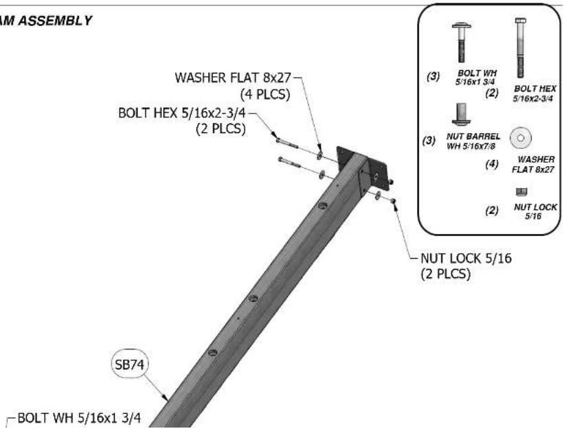 M ASSEMBLY WASHER FLAT 8x27 (4 PLCS) BOLT HEX 5/16x2-3/4 (2 PLCS) SB74 BOLT WH 5/16x1 3/4 NUT LOCK 5/16 (2 PLCS) (3) BOLT WH 5/16x1 3/4 (2) BOLT HEX 5/16x2-3/4 (3) NUT BARREL WH 5/16x7/8 (4) WASHER FLAT 8x27 (2) NUT LOCK 5/16