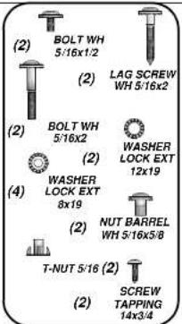 (2) BOLT WH 5/16x1/2 (2) LAG SCREW WH 5/16x2 (2) BOLT WH 5/16x2 (2) WASHER LOCK EXT 12x19 (4) WASHER LOCK EXT 8x19 (2) NUT BARREL WH 5/16x5/8 T-NUT 5/16 (2) (2) SCREW TAPPING 14x3/4