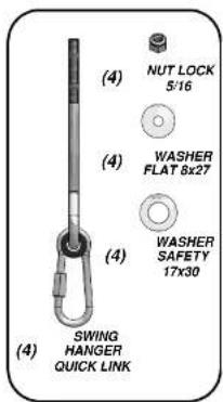 (4) NUT LOCK 5/16 (4) WASHER FLAT 8x27 (4) WASHER SAFETY 17x30 SWING HANGER QUICK LINK